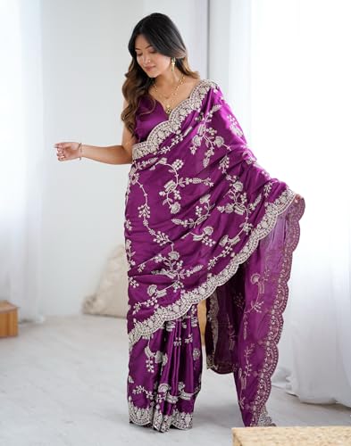 Image of SIRIL Women's Satin Embroidery And Scalloped Border Saree With Unstitched Blouse Piece