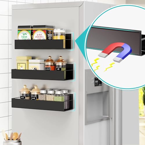 Image of OrganizeMee Movable Kitchen Organizer Storage Spice Magnetic Rack, Decorate Your Fridge,Washing Machine & Microwave Oven with Magnetic Metal Fridge Side Rack 1 Year Warranty: Black Set Of 2