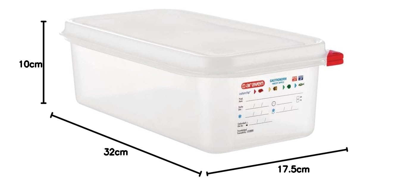 Araven Pojemnik na żywność przechowywanie żywności organizacja kuchnia przechowywanie żywności dom 4 l GN 1/3. 100 mm głębokości. Pojemność: 4 l. Ilość w opakowaniu: 4