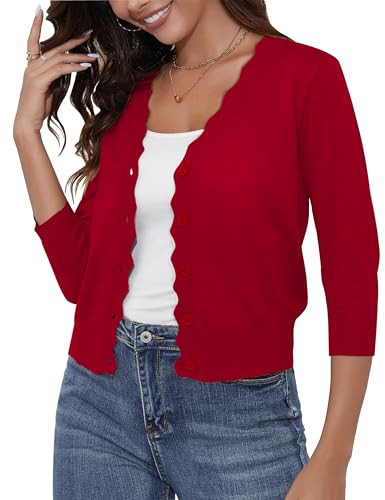 Image of Women's Cropped Cardigans 3 /4 Sleeve Button Down Lightweight Cardigan Sweaters Scalloped Edged Bolero Shrugs