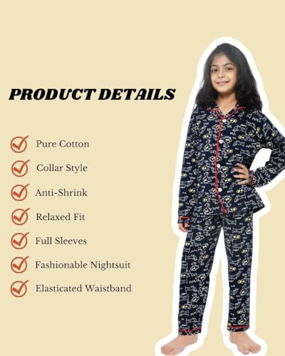 Image of Girls Premium Cotton Full Sleeves Printed Nightsuit Set | Collar Style Night Dress for Girls | Soft & Breathable Pajama Set | Trendy Kids Sleepwear & Nightwear