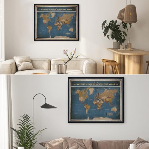 Image of DECORARTS - Large Personalized World Travel Map with Pins, Custom Name, Pin Board Canvas Wall Art, Navy Blue World Decor, Optional Wood Frame, Giclee Print, Handcrafted in USA, 35x28''