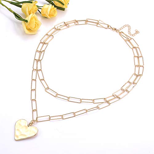 YAHPERN Layered Rectangle Paper Clip Chain Link Choker Statement Hammered Heart Pendant Necklace Minimalist Chunky Thick Chain Jewelry For Woman4