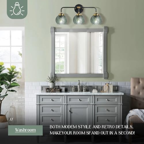 Image of 3 Light Bathroom Vanity Light Fixture, Modern Glass Globe Wall Sconce with Ribbed Green Shade, Vintage Wall Lamp for Over Mirror, Bedroom, Hallway, Living Room, 23.6x7.9 inches