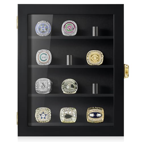 Image of TJ.MOREE 12 Rings Championship Ring Display Case 8x10 Wall Mount Wooden | Shadow Box with Locks to Show Sport, Class, Fraternity, and Award Rings, Black