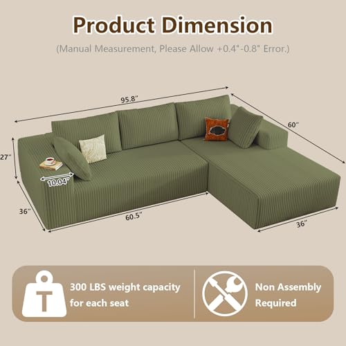 Image of 96 inch Modular Sectional Couch, Boneless L Shaped Cloud Sofa with Chaise Lounge, Corduroy Upholstered Couches Memory Foam Deep Seat, No Assembly Required, Ideal for Living Room(Green, Right Facing)