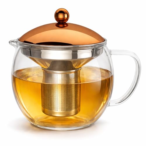 Théière avec Infuseur à Thé en Inox 1,5L, Théière en Verre Borosilicaté Résistant à la Chaleur pour Thé en Vrac, Grande Teapot Design Cuivre,...