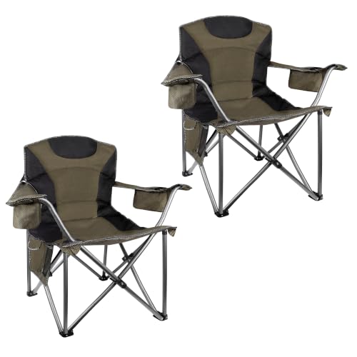 CRKOIAXEP Heavy Duty Folding Camping Chair, 500LBS Capacity, Oversized Padded Outdoor Chair with Cooler Bag and Cup Holder, for Camping, Fishing, Beach (2, Green)