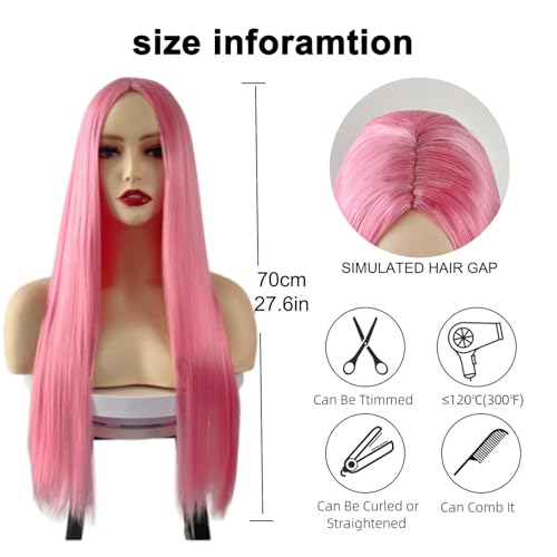HTTDSLF 70CM Natürliche Lange Glatte Haare, Anime Kostümperücke Pink Wig, Hitzebeständige Lange Perücke Mädchen Damen Haarperücken Synthetische Haar Rosa Perücke, Kpop Perücken Party Cosplay Halloween