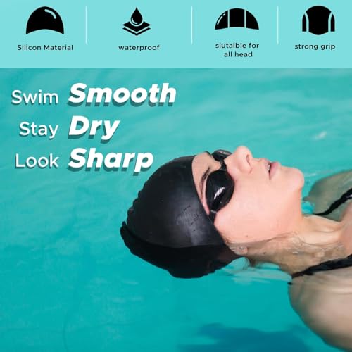 Image of PulseITCap Silicone Swimming Cap for Women & Men, Adult, Vibrant Lightweight, Non-Slip, Easy Wear | Removal, Protects Hair (Black)