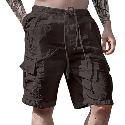 Men Casual Fashion Cotton-Linen Drawstring Solid Breathable Beach Shorts Lightweight Quicky Dry Vacation Short Pants Stretch Board Shorts UPF 50 (Black, XXL)