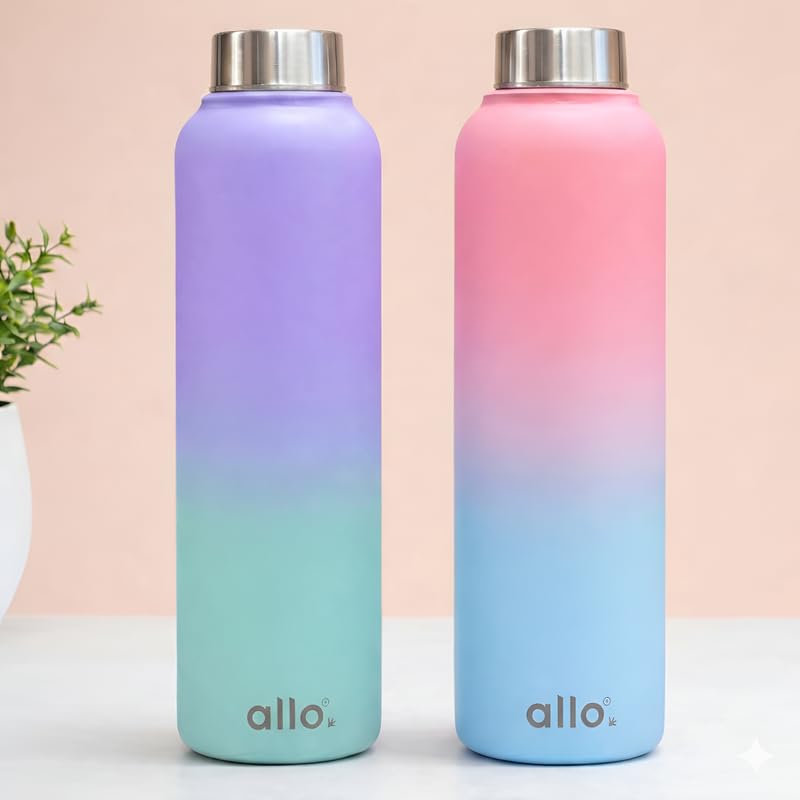Image of Allo Stainless Steel Water Bottle For Adults, Kids 1 Litre Water Bottles For School, Office, Sports, Gym 1L Water Bottle For Men And Women, Pack Of 2 | Leak Proof, Bpa Free, Pink & Baby Blue Steel Cap
