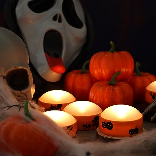 Image of 6 Halloween Battery LED Jack-O-Lantern Pumpkin Lights with Remote Decals | CANDLE CHOICE Battery Operated Flameless Candles with Remote and Timer for Halloween Pumpkin Decoration Orange Color 6 Pack