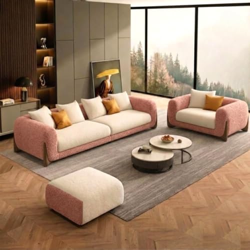 Image of Upholstered 3 Seater Sofa Three Seater Sofa with Wooden Legs for Living Room Hotels & Offices (Rose Off White 3+1+Ottoman)