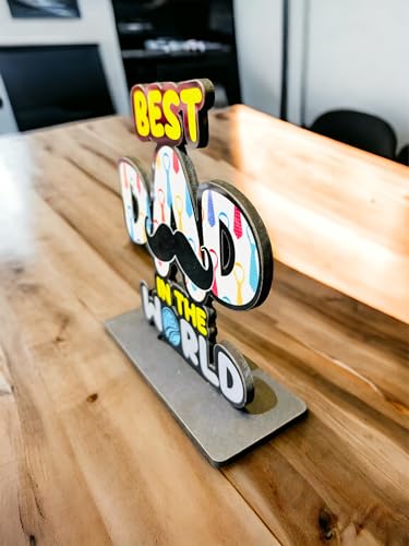 Image of WARMINGO DE Best Dad In The World Wooden Trophy gift For Father or Dad | Fathers day Gift | Best Gift For Dad Papa (Multicolor 6 x 5.5 Inches)