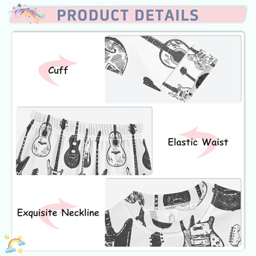 Music Guitar Black Pajama Sets Long Sleeve Top with Pants Cotton Soft Sleepwear 2 Piece Pjs Set, 8 Years Old3