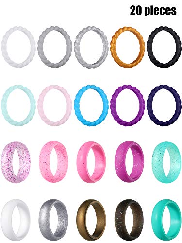 Hicarer 20 Pieces Silicone Wedding Ring for Women, Thin Stackable Silicone Ring Wide