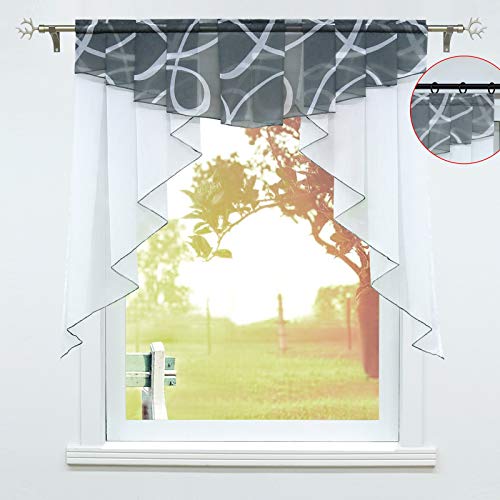 SCHOAL Kitchen Bistro Curtains Voile Transparent Short Curtains Small Window Curtains with Ruffle Tape / Drawstring 1 Piece W x H 100 x 100 cm Grey - Image 2
