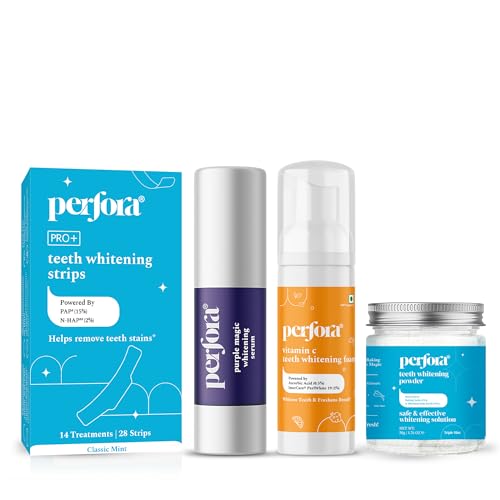 Image of Perfora Teeth Whitening Combo | Teeth Whitening Powder 50gm,Teeth Whitening Foam 50gm ,Purple Magic Whitening Serum 30ml & Strips - 14 Treatment | Enamel-Safe & Sensitivity-Free Oral Care Formula For Tooth Stain Removal | Pack Of 4