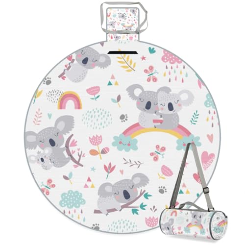 Shimoshe Rainbow Koala Picnic Outdoor Blanket Foldable Waterproof Sandproof Beach Blanket Portable Water-Resistant Round Picnic Mat for Travel Camping Park Lawn