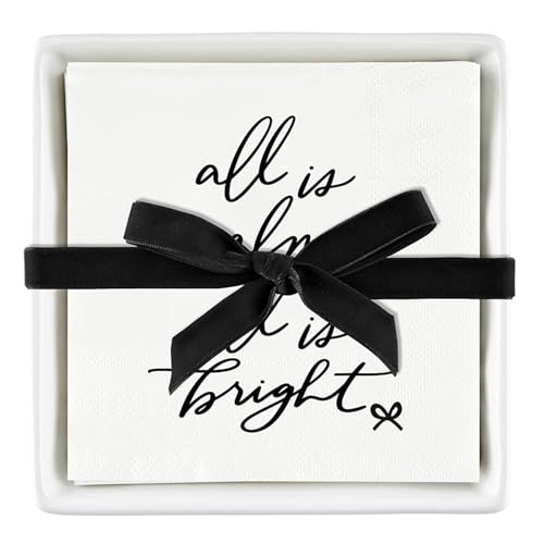 Santa Barbara Design Studio Christmas Cocktail Paper Napkins and Ceramic Napkin Holder Tray Gift Set, 5.75" Square, All is Bright Bow