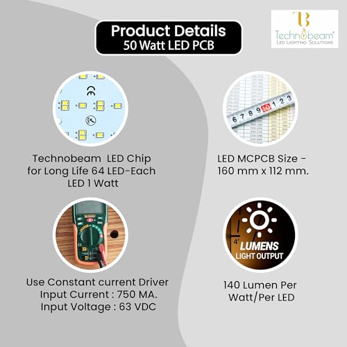 Image of Technobeam 50W LED Plate with Driver for Street Light Repair | Aluminum PCB 1.5mm | 6V 150mA LED Segments | 63V 750mA Driver Included | Durable | Ideal for Street Light Refurbishment, White, Pack of 1