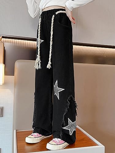 Kids Girls Vintage Stars Print Ripped Jeans Elastic Waist Denim Pants Casual Loose Fit Trousers with Pockets3