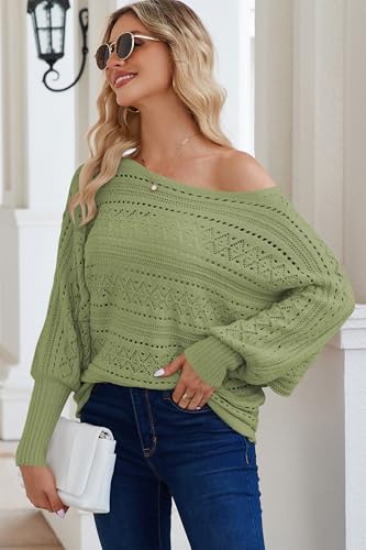 Image of Cakulo Womens Off Shoulder Crochet Sweater Top 2025 Fall Fashion Batwing Long Sleeve Sweaters Outfits Light Green XL