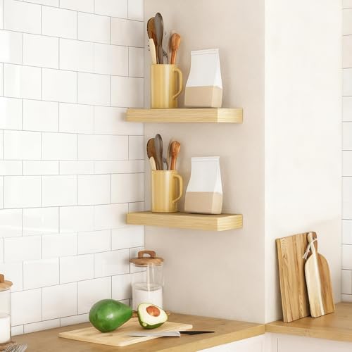 Image of HOOBRO Floating Shelves for Wall, Wall Mounted Shelf Set of 2, 15.7 inch Hanging Shelf with Invisible Brackets, for Wall Decor Storage in Bathroom Bedroom Kitchen Living Room Office, Natural NL40BJ01