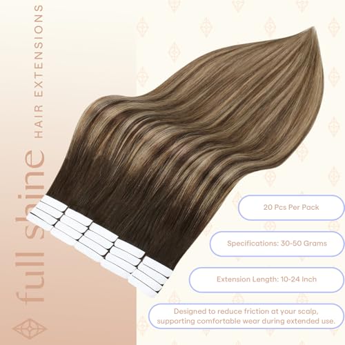 Image of Full Shine Tape in Extensions, Dark Brown Caramel Blonde Ombre 12 Inch | 30g 20PCS, Invisible Tape in Hair Extensions, Double Sided Design Soft Chestnut Honey Blend Party Styling with Natural Volume