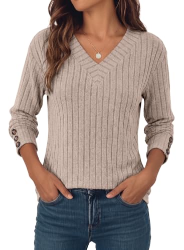 Image of Dokotoo Womens Tops V Neck Lightweight Sweater Fall Long Sleeve Top 2026 | Decorative Buttons, Soft Breathable Knit Material, Pullover Tunic Tops, Business Casual, Fall Outfits, Winter Clothing 2026
