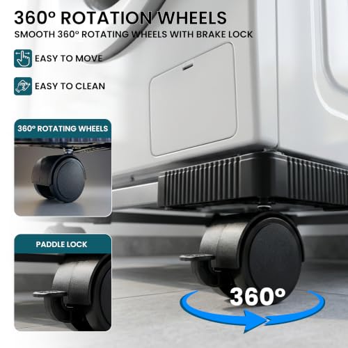 Image of GLOXY Adjustable Fridge Stand with Wheels - Washing Machine Stand with Rotating Wheels & Lock - Heavy Duty Steel Frame Trolley with 7-12 Kg Top /Front Load & Anti-Vibration for Cooler, Dishwasher