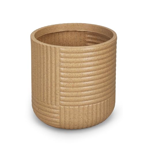 Image of Bonkaso 15 Inch Ribbed Planter Pot for Indoor & Outdoor Use | Round Heavy Duty Polymer Flower Pot | Lightweight Weather Resistant Modern Gamla for Living Room Balcony & Terrace (Beige)