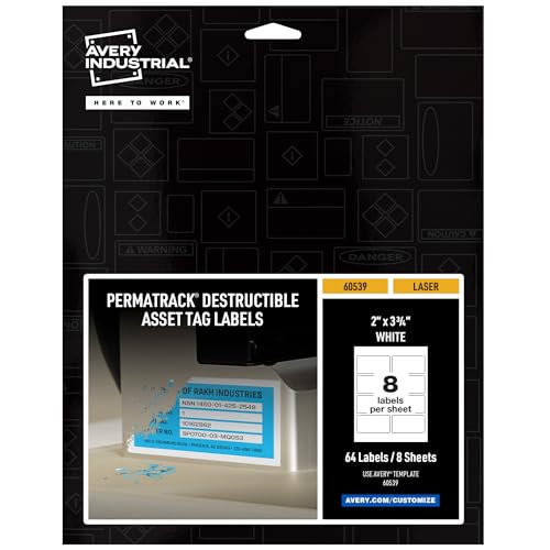 Image of Avery White Asset Tag Labels, 3-3 /4 inch x 2 inch, Destructible Laser Printable Tags, 64 Waterproof Labels (60539)
