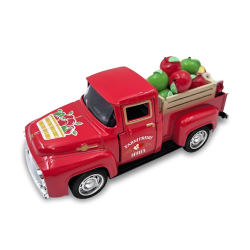 Apple Decor Farmhouse Vintage Red Truck with Fake Apples and Wooden Crate