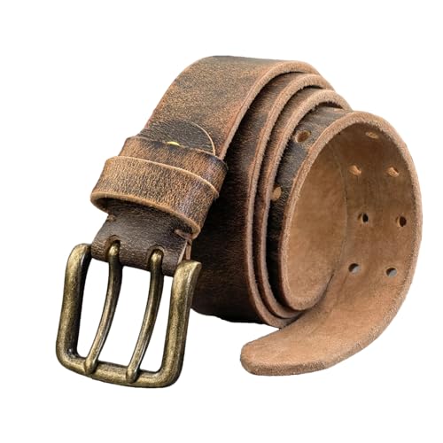 Men’s 38mm Wide Double Pin Buckle Leather Belt, Genuine Cowhide Strap for Jeans, Western Cowboy Waistband