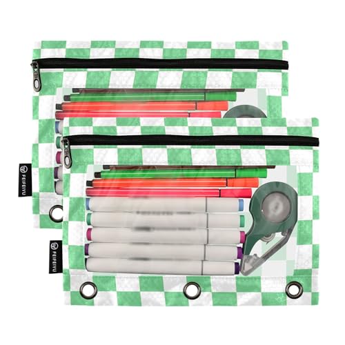 Image of Green-White Lattice Pencil Pouch for 3 Ring Binder with Zipper 2 Pack Binder Pouches Cosmetic Bag with Clear Window