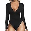 MANGOPOP-Womens-Cross-Wrap-Ruched-Plunge-Neck-Deep-V-Long-Sleeve-Short-Sleeve-Bodysuits MANGOPOP Women's Cross Wrap Ruched Plunge Neck Deep V Long Sleeve Short Sleeve Bodysuits