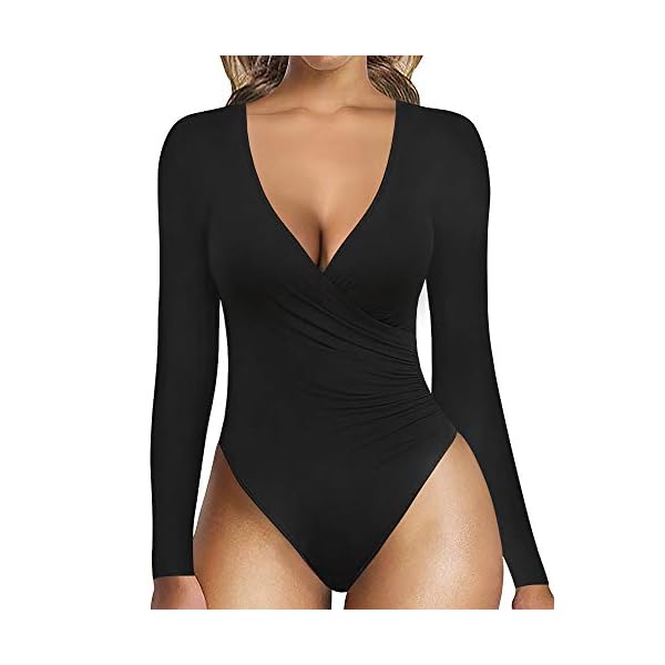 MANGOPOP-Womens-Cross-Wrap-Ruched-Plunge-Neck-Deep-V-Long-Sleeve-Short-Sleeve-Bodysuits MANGOPOP Women's Cross Wrap Ruched Plunge Neck Deep V Long Sleeve Short Sleeve Bodysuits