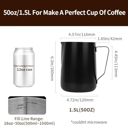 Image of watchget 50oz Milk Frothing Pitcher Stainless Steel Espresso Steaming Jug | Clear Internal Scale, Milk Coffee Cappuccino Latte Art Barista Steam Pitchers,Barista Coffee Bar Accessories, 1500ml, Black