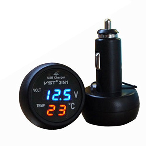 Digitales 3-in-1 Auto Voltmeter Thermometer Mit USB Ladegerät – LED Display Für 12V/24V Batterietester, Zigarettenanzünder Buchse (Rot-Blau Digitales 3-in-1 Auto Voltmeter Thermometer Mit USB Ladegerät – LED Display Für 12V/24V Batterietester, Zigarettenanzünder Buchse (Rot-Blau