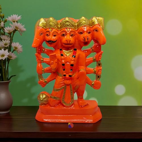 Image of Hanuman murti - Hanuman Idol for Home Decor & Office - Panchmukhi Hanuman - (22 cm) (Orange)