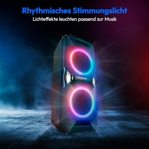 MEDION PE-1 Pure Partybox (Akku, mit Mikrofon, tragbarer Bluetooth Lautsprecher groß, Musikbox, Verschiedene Lichteffekte, Partylautsprecher mit Karaoke, 2 x Mikrofonanschluss, AUX, USB, Radio)
