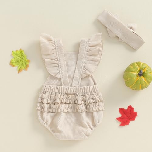 Karuedoo Newborn Baby Girl Thanksgiving Outfit Turkey Embroidery Ruffle Sleeveless Romper Backless Bodysuit with Headband3