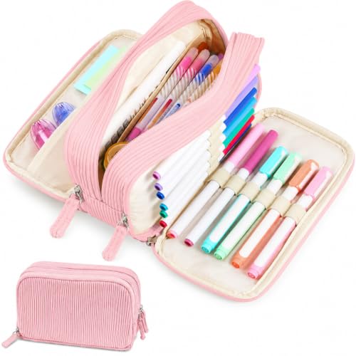 Image of Sooez Big Capacity Pencil Case Pen Pouch, Soft Corduroy Pencil Bag with 3 Compartment, Multiple Pockets, Sturdy Zipper, Cute School Supplies Pen Bag Organizer For Teen Girls College, Pink