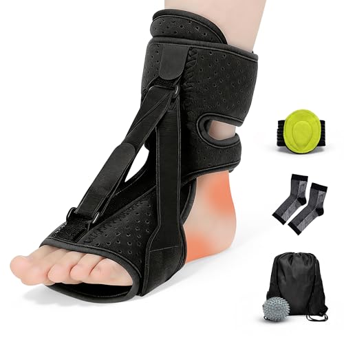 Tongdayi Upgrade Plantar Fasciitis Night Splint and Brace,plantar fasciitis relief with Soft Memory Foam Pad,achilles tendonitis brace for Women & Men,with Massage Ball for Tension Relief,Arch Pain, Heel Spur, Foot-drop and Achilles Tendonitis (Black)