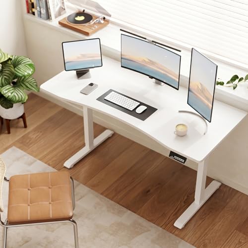 Image of Solid Wood Electric Standing Desk 55 inchx23.6 inchHome Office Desk,Adjustable Workbench with 3 Stages Single Motor, Computer Workstation with T-Shaped Metal Bracket,White Standing Desk for Gaming(1 Box)