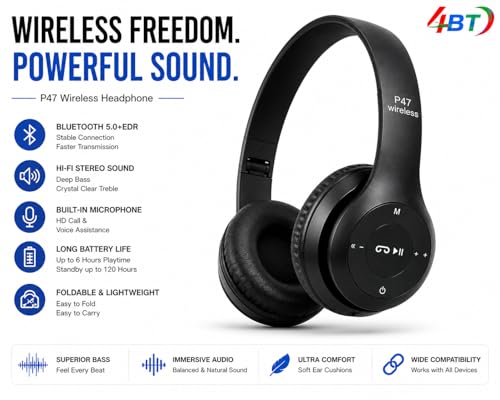 Image of 4BT Wireless Headphones, Bluetooth 5.0 + EDR Over-Ear Design with Playback Controls, Stereo Sound & Comfortable Fit