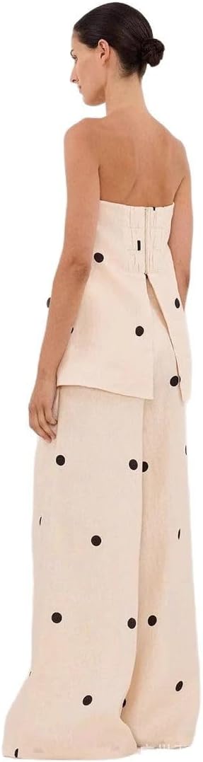 Women's Casual Suit with Polka Dot Summer 2 Piece Sets Strapless Tank Top and Wide Leg Pants Lounge Sets
