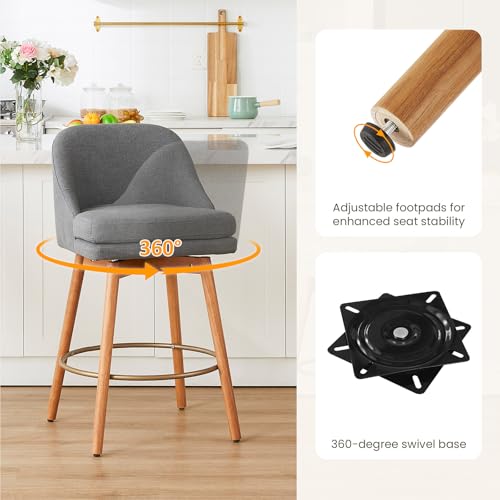 Image of kinmars Modern Bar Stools Set of 2,Swivel Counter Height Bar Stools with Soft Upholstered Back,Thick Seat,Wooden Legs, 27 inch Counter Stools for Kitchen Island (Gray, 4 Pieces - 27 inch Counter Height)